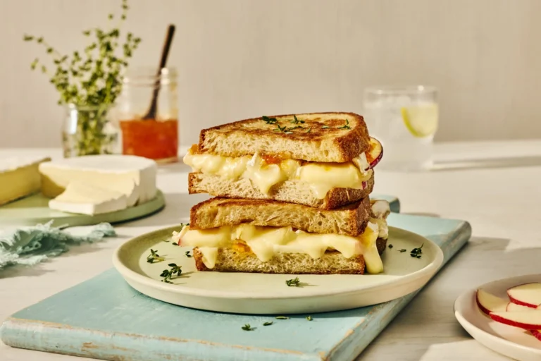 Stacked grilled cheese sandwich on a white plate garnished with herbs, surrounded by cheese slices, fresh herbs, and glasses of beverages on a light table.