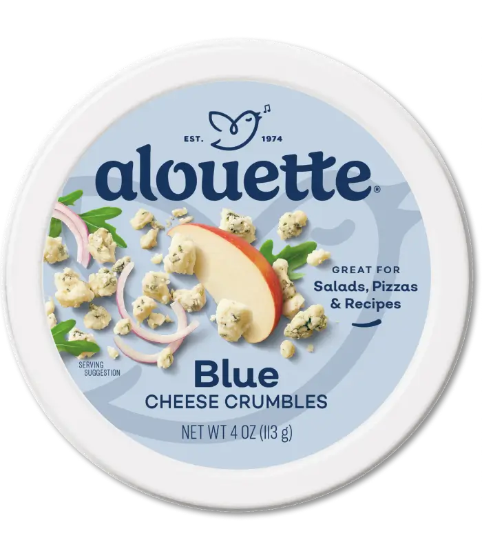 Alouette blue cheese crumbles package, 4 oz container with product photo showing apple slices and cheese crumbles on white background.