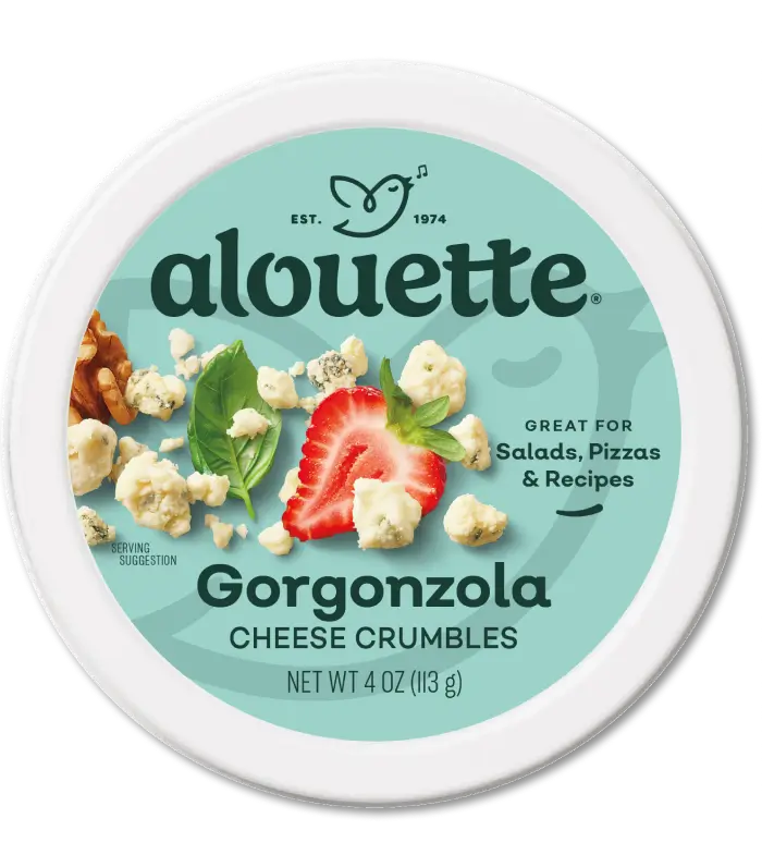 Alouette Gorgonzola cheese crumbles container, 4 oz, with salad ingredients displayed on turquoise label.