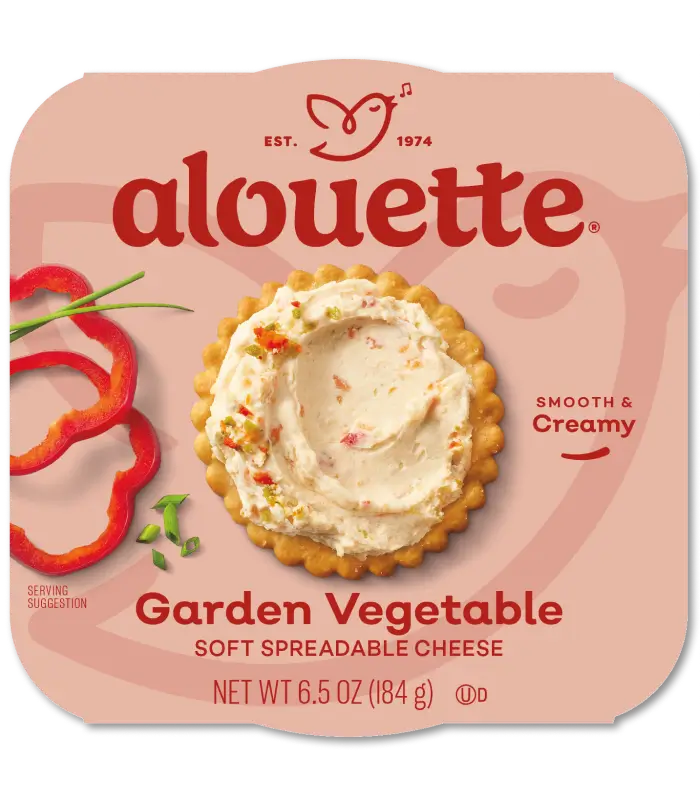 Alouette Garden Vegetable soft spreadable cheese package featuring red peppers and herbs, 6.5 oz net weight.