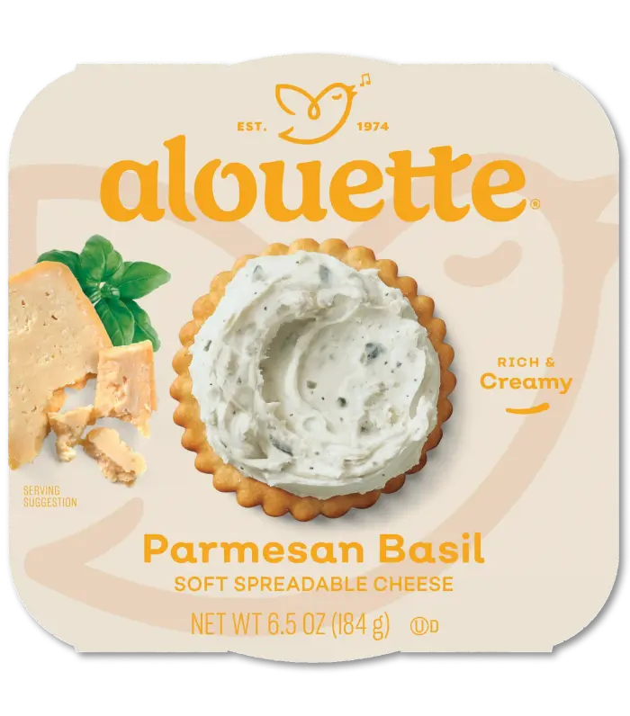 Alouette Parmesan Basil soft spreadable cheese package showing an open container with creamy herb-infused cheese spread.