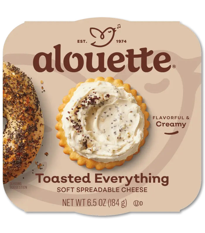 Alouette Toasted Everything soft spreadable cheese container showing the product and packaging, 6.5 oz.