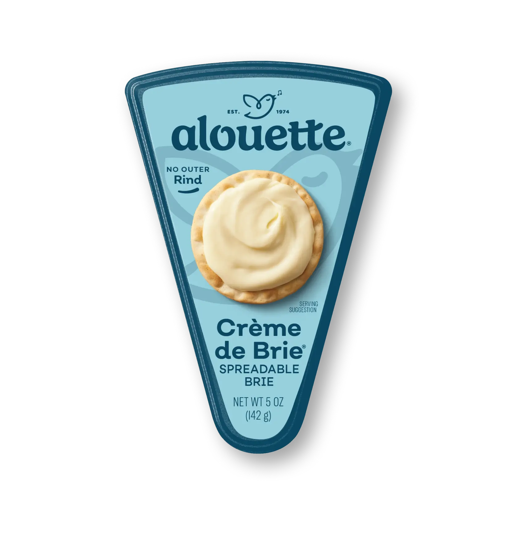 Alouette Crème de Brie spreadable brie cheese wedge package, 5 oz, with no outer rind, established 1974.