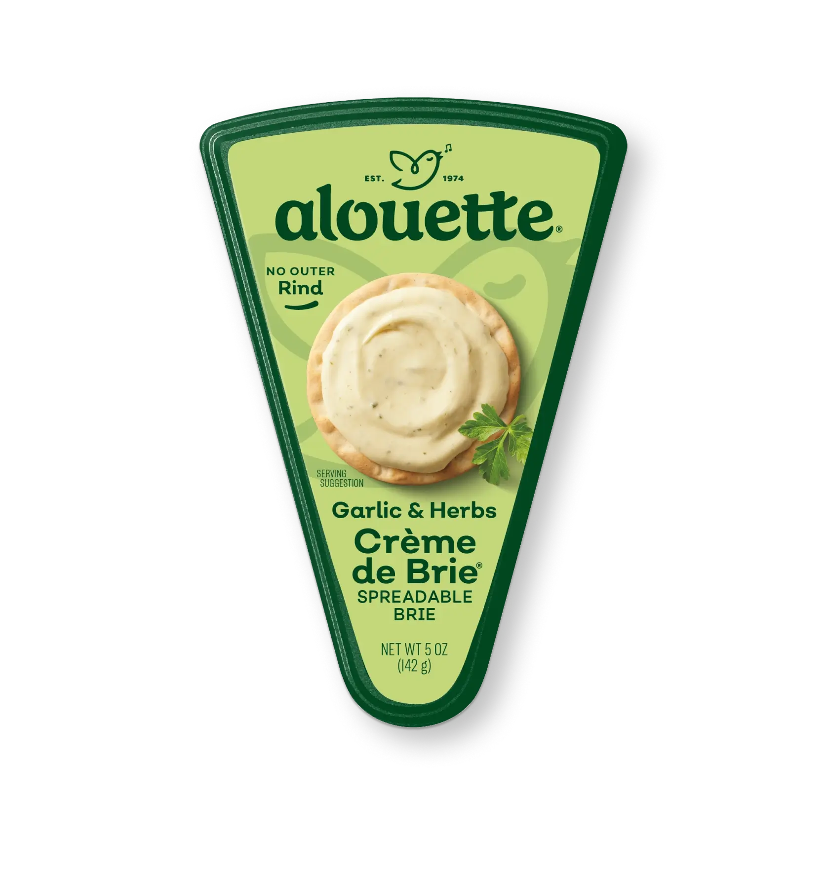 Alouette Garlic & Herbs Crème de Brie spreadable cheese wedge, 5 oz package with no outer rind, established 1974.