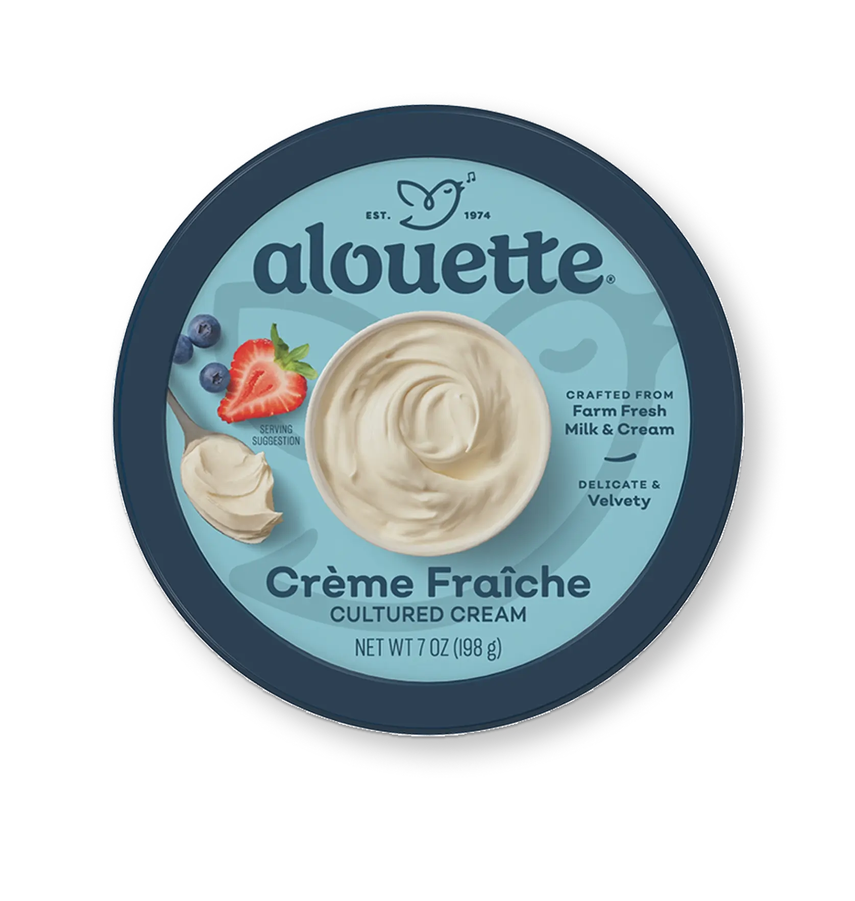 Alouette Crème Fraîche cultured cream container, 7 oz, with light blue label featuring berries and cream swirl imagery on dark blue background.
