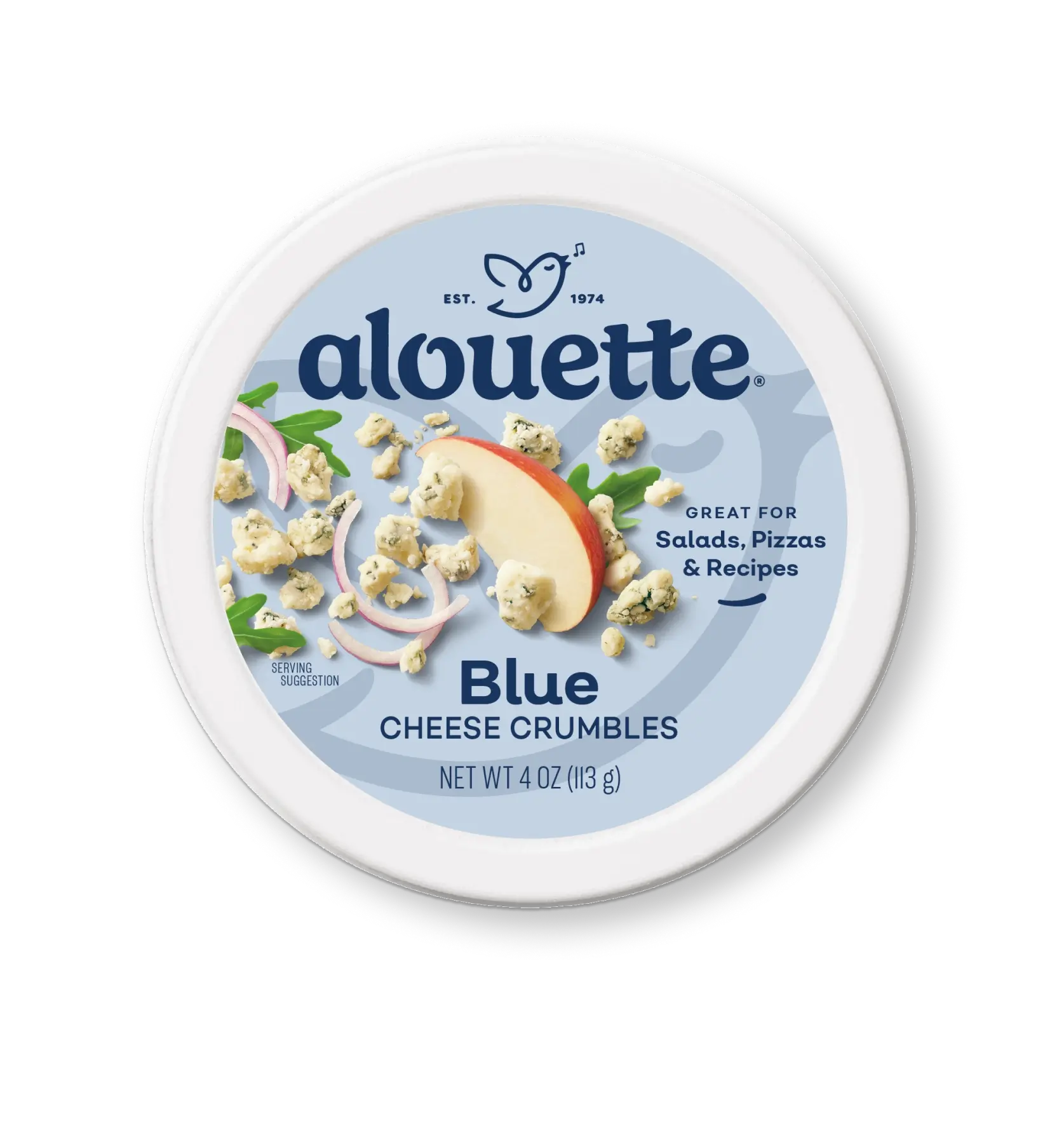 Alouette Blue Cheese Crumbles container, 4 oz, with blue cheese pieces, red onion slices, and herbs on light blue label.