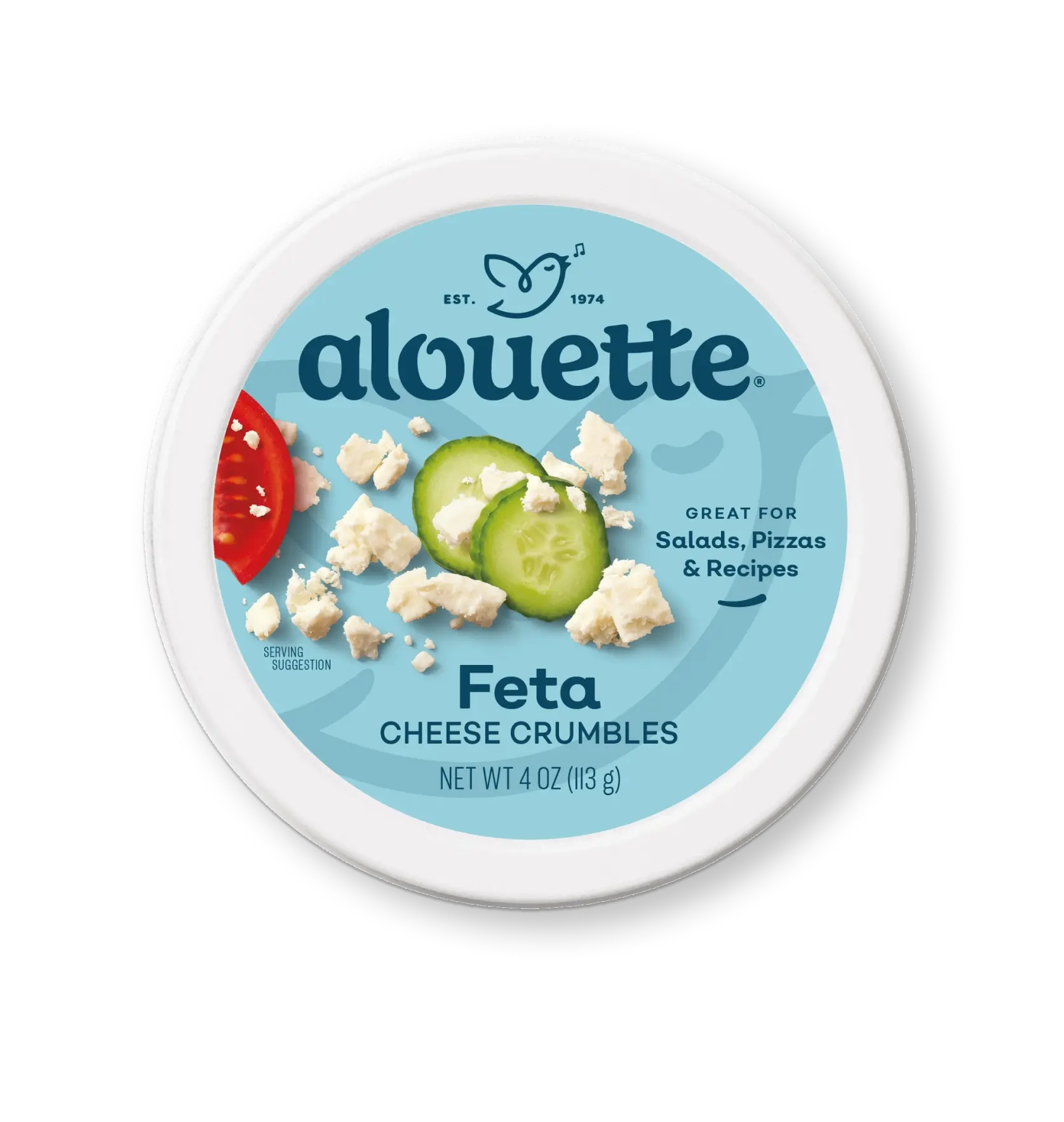Alouette Feta Cheese Crumbles 4oz container with blue label showing cucumber slices and red pepper, established 1974.