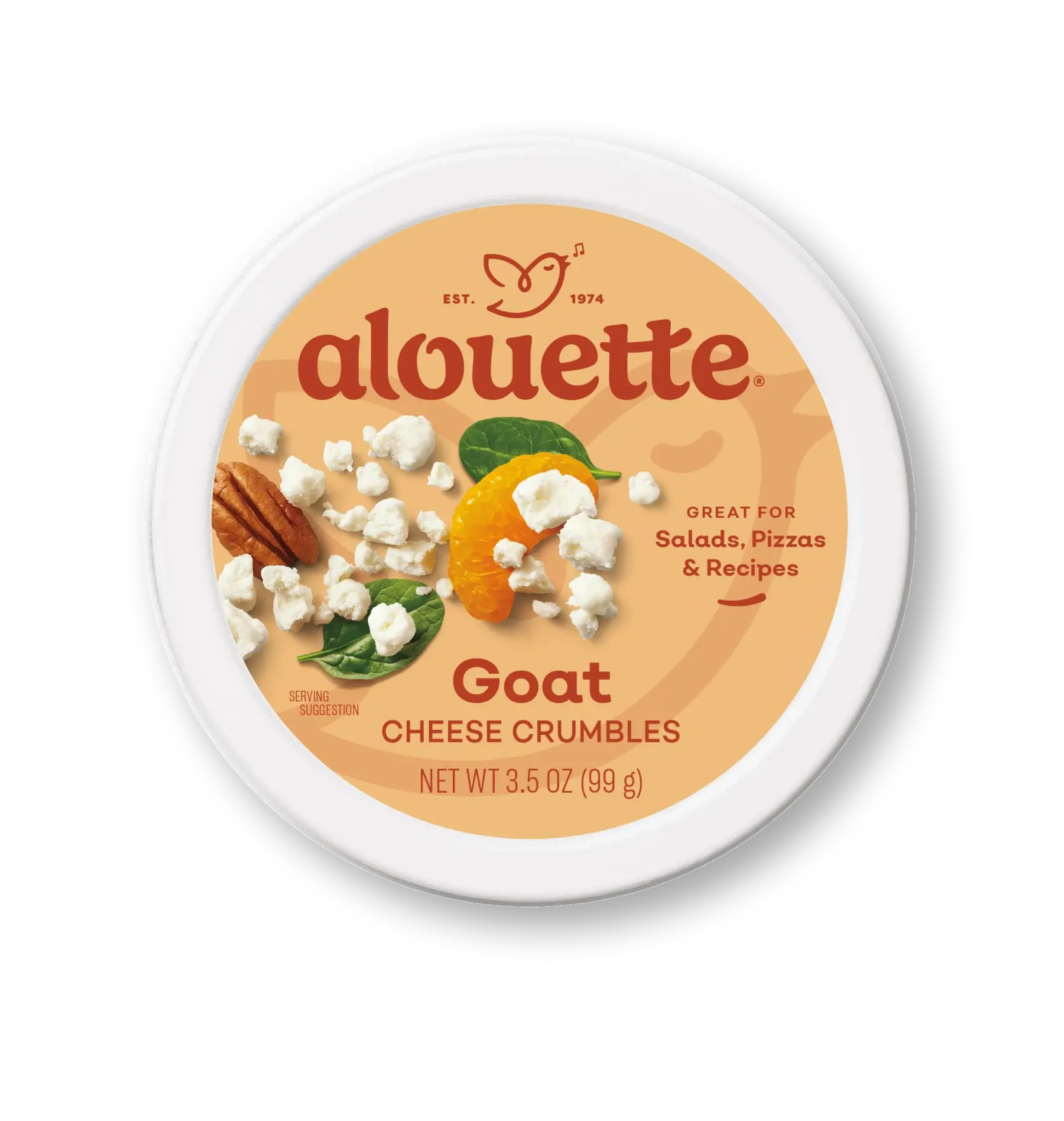 Alouette goat cheese crumbles package showing white crumbled cheese with almonds and orange slice on peach-colored label, 3.5 oz container.