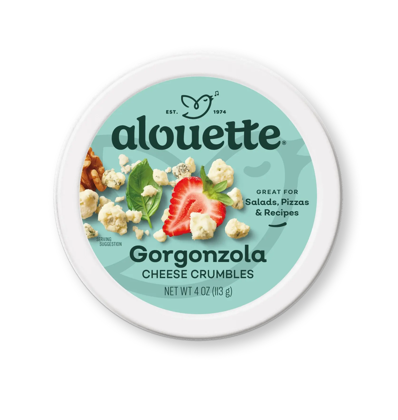Alouette Gorgonzola cheese crumbles package, 4 oz container with turquoise label showing cheese crumbles, strawberry, and basil.