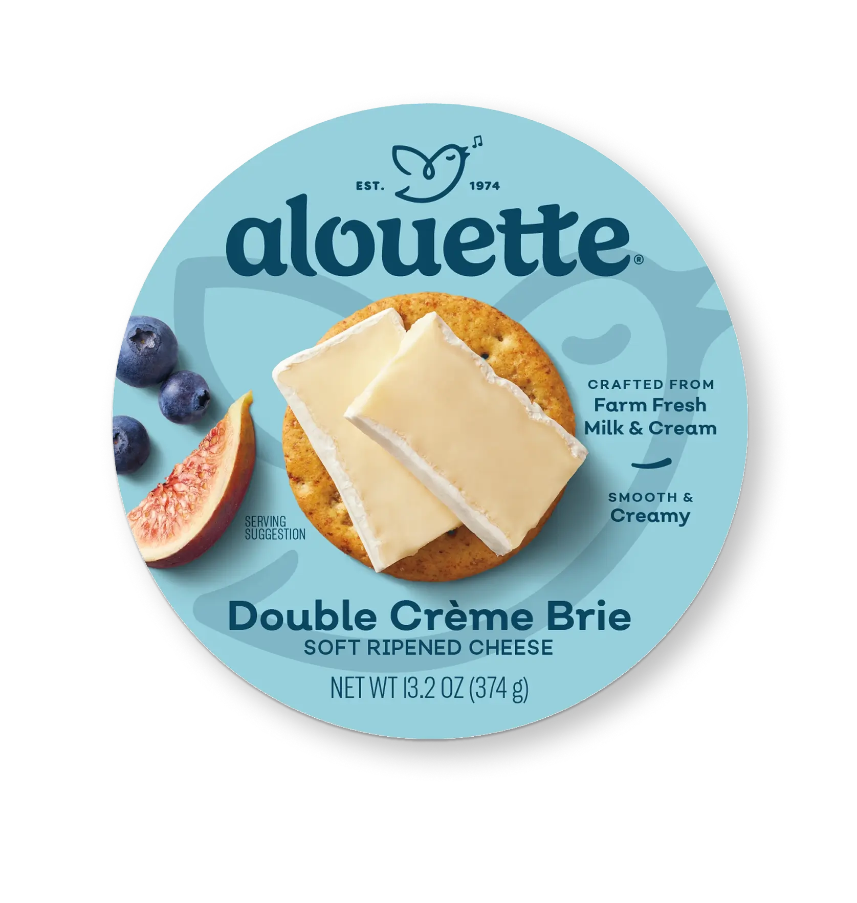 Alouette Double Crème Brie cheese packaging showing sliced cheese on a cracker with figs and blueberries on light blue circular label.