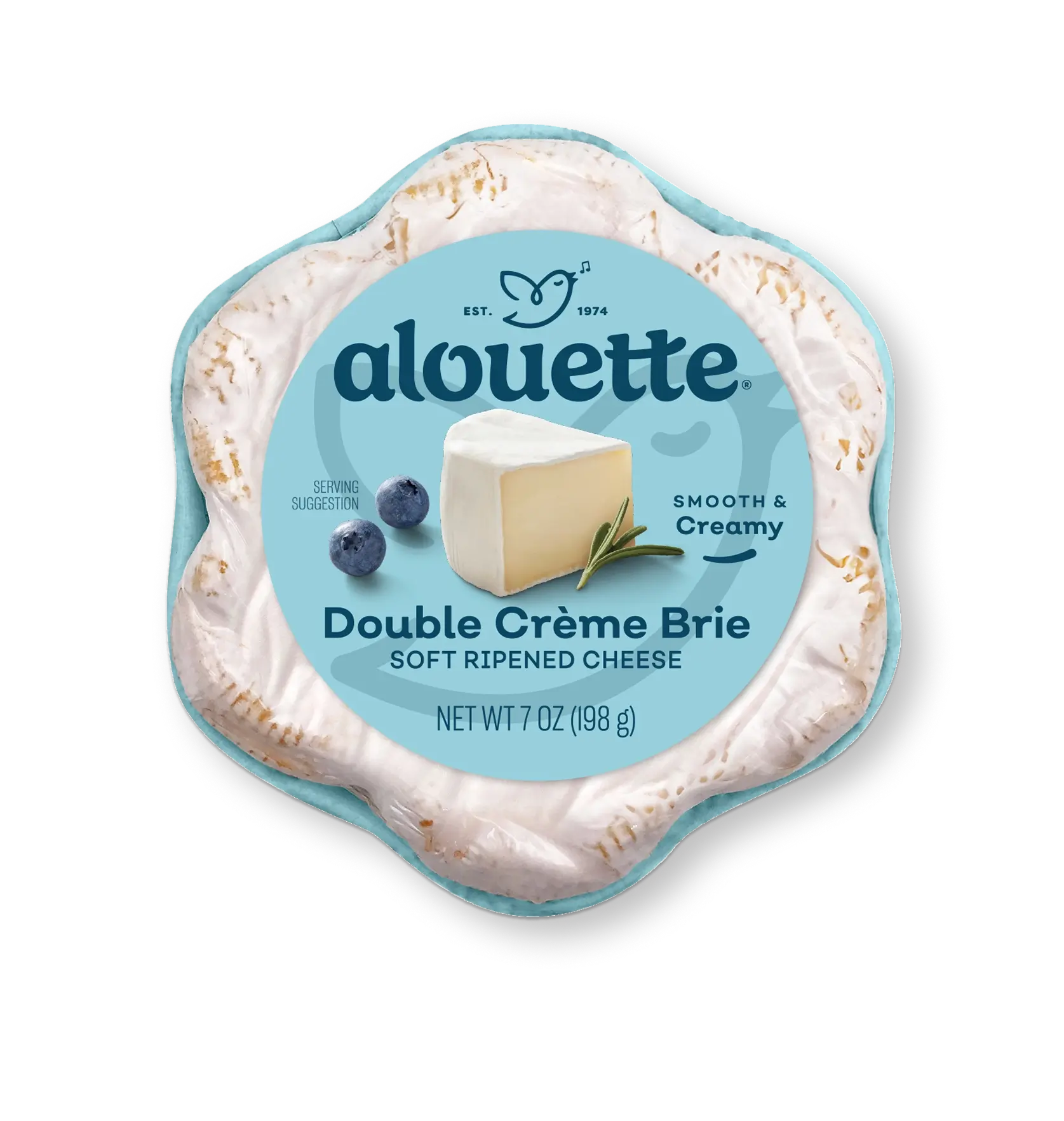 Alouette Double Crème Brie cheese package, 7 oz, showing the soft ripened cheese in a blue-labeled round container with blueberries and rosemary garnish.