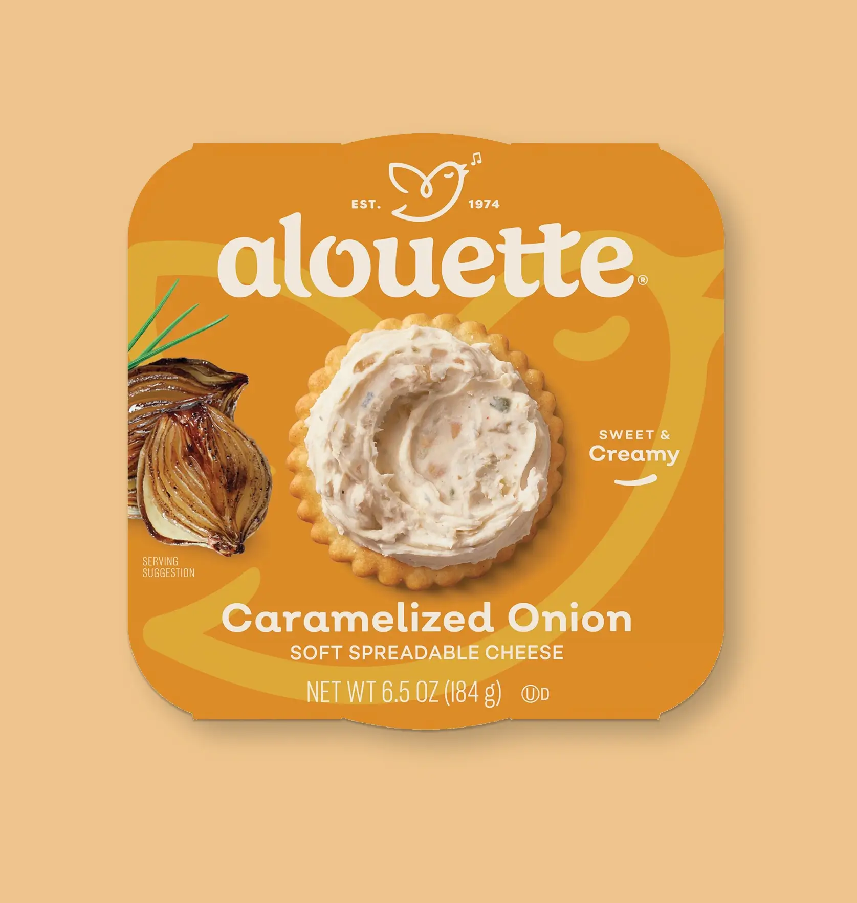 Alouette Caramelized Onion soft spreadable cheese package with creamy white cheese on cracker, net weight 6.5 oz.