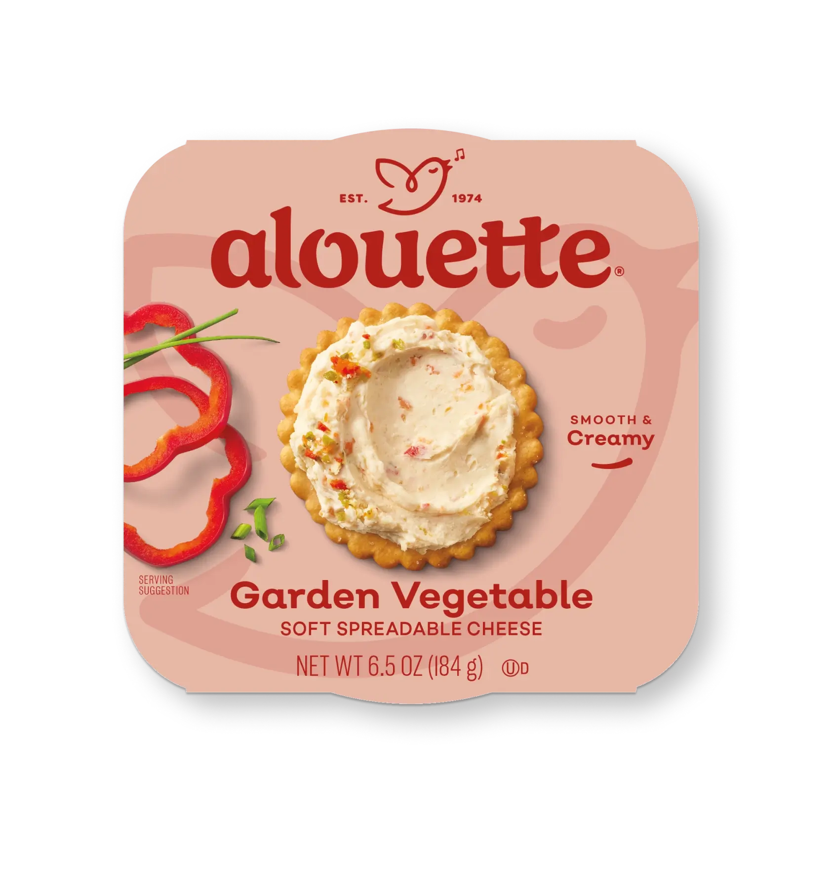 Alouette Garden Vegetable soft spreadable cheese package, 6.5 oz, featuring a cracker topped with creamy spread and red pepper garnish on a pink background.
