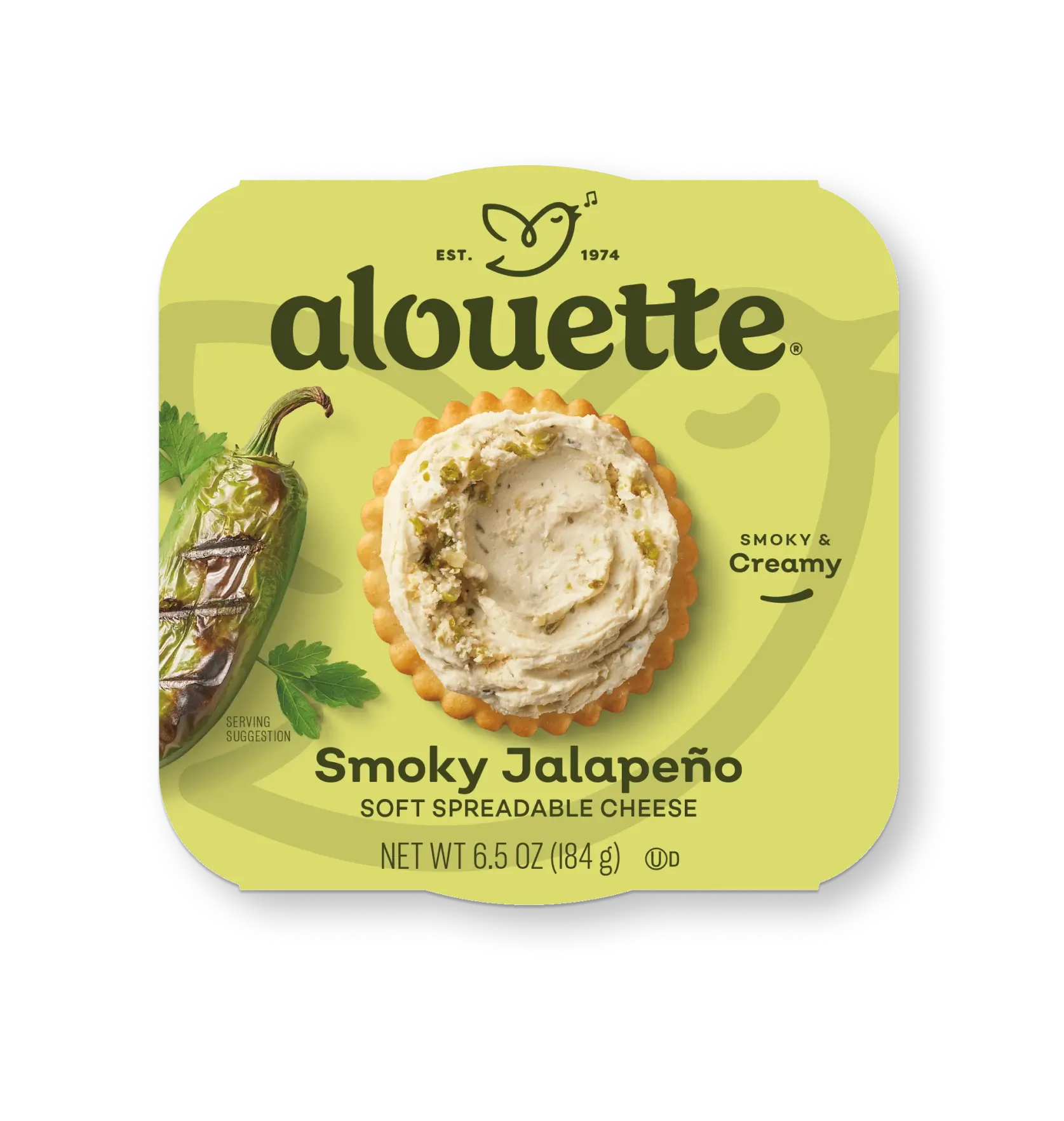 Alouette Smoky Jalapeño soft spreadable cheese package with lime green background, showing product on crackers, 6.5 oz net weight.