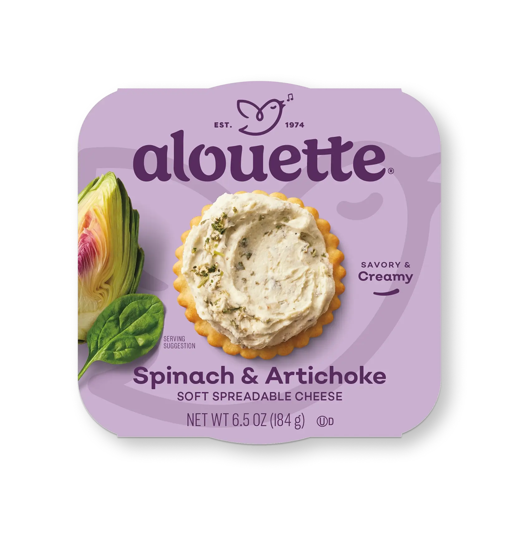 Alouette Spinach & Artichoke soft spreadable cheese package, 6.5 oz, showing creamy cheese spread on a cracker with fresh spinach and artichoke.