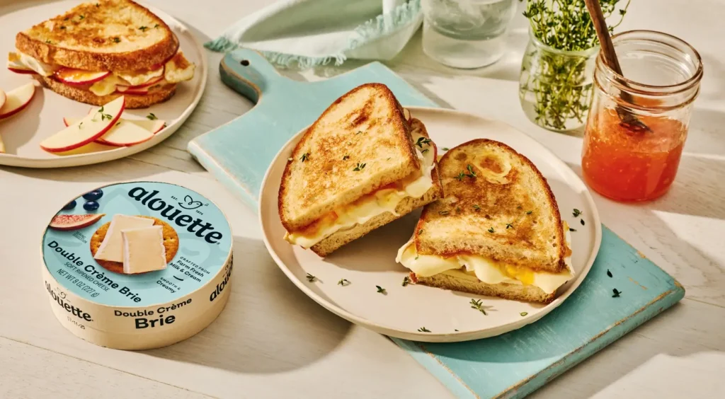 Grilled cheese sandwiches on a white plate with melted brie cheese, served alongside fresh herbs, apple slices, and a jar of jam on a white surface.